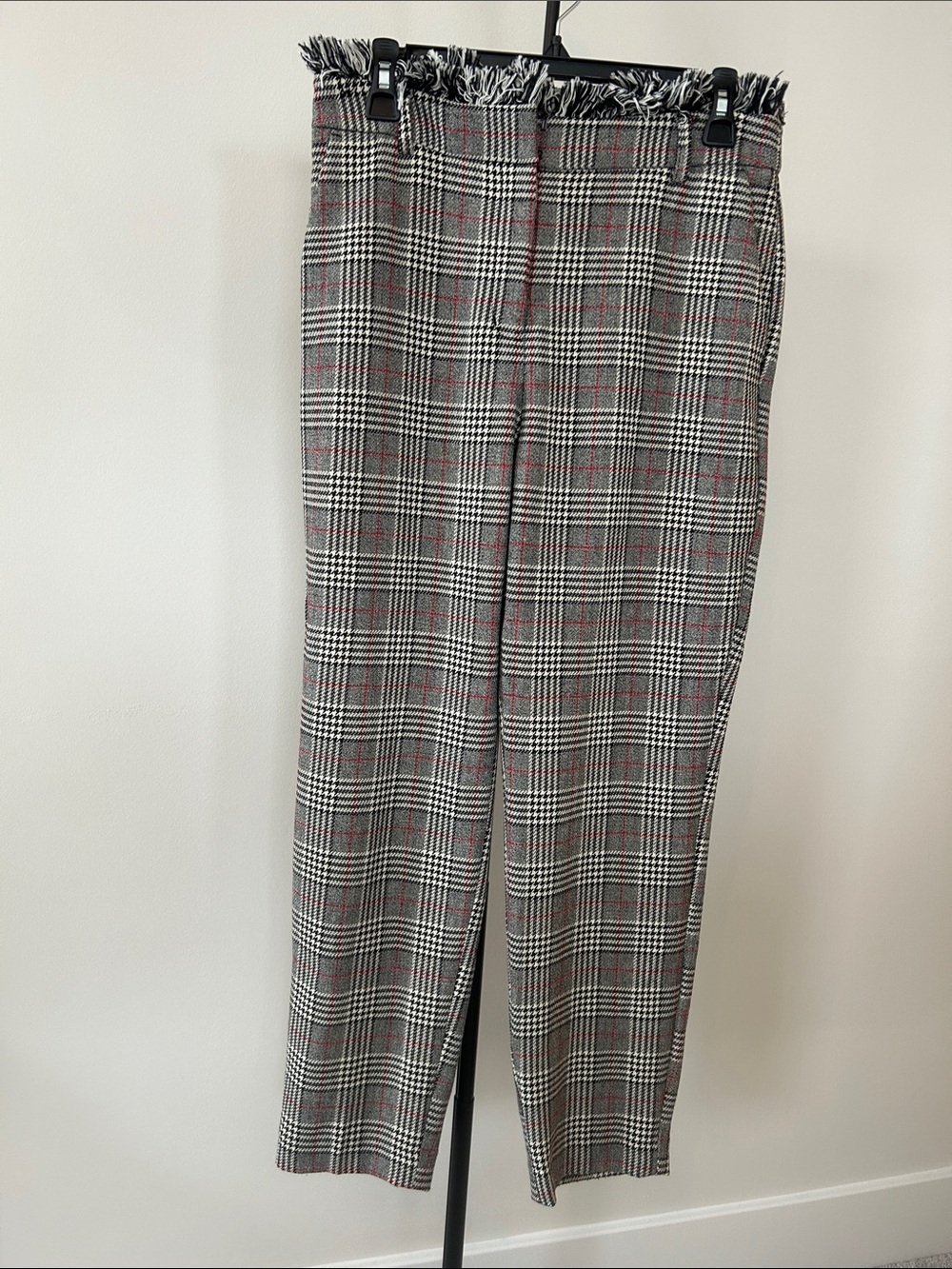 Express Glen Plaid Ankle Pants in Black, Gray, and Red